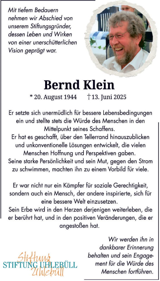 Traueranzeige von Bernd Klein von Husumer Nachrichten, Nordfriesland Tageblatt