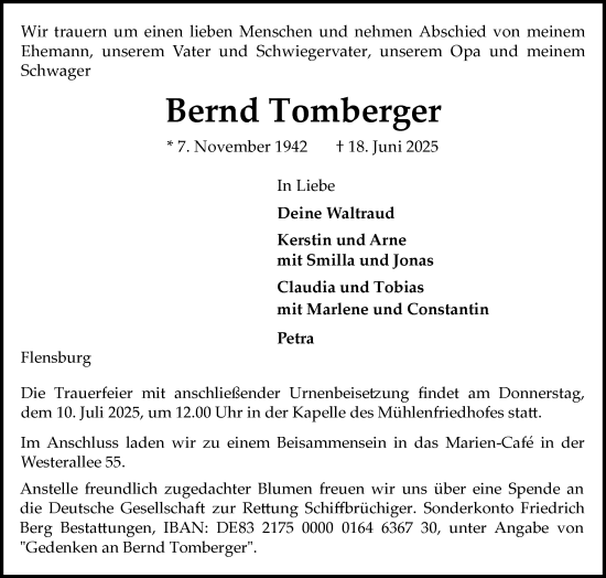 Traueranzeige von Bernd Tomberger von Flensburger Tageblatt