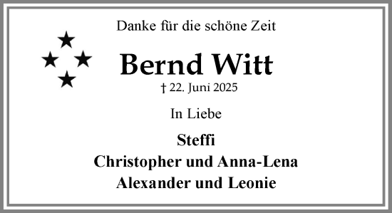 Traueranzeige von Bernd Witt von MARKT Ratzeburg/Mölln