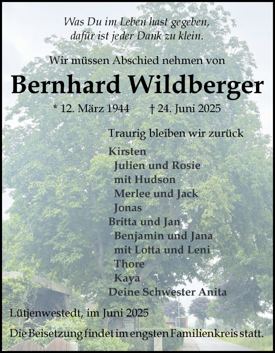 Traueranzeige von Bernhard Wildberger von Schleswig-Holsteinische Landeszeitung