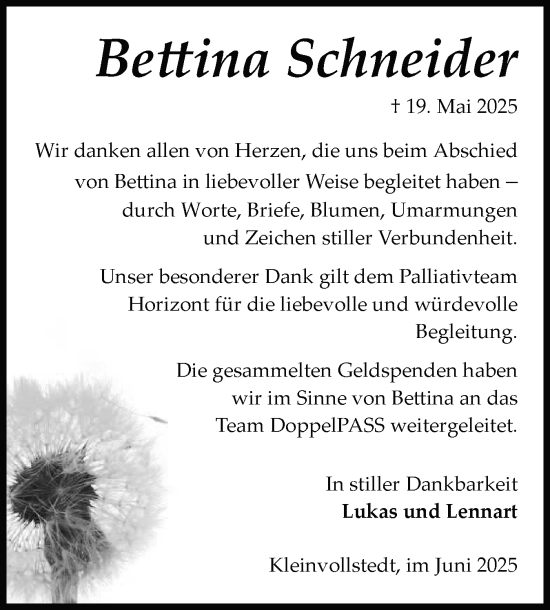 Traueranzeige von Bettina Schneider von Schleswig-Holsteinische Landeszeitung