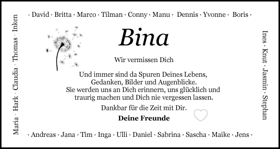 Traueranzeige von Bina  von Flensburger Tageblatt