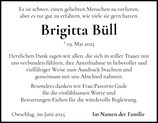 Traueranzeige von Brigitta Büll von Schleswig-Holsteinische Landeszeitung