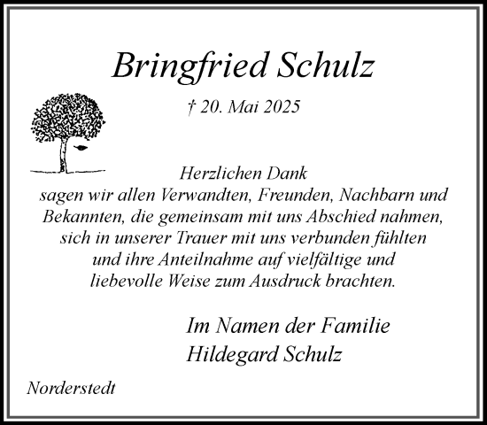 Traueranzeige von Bringfried Schulz von Heimatspiegel