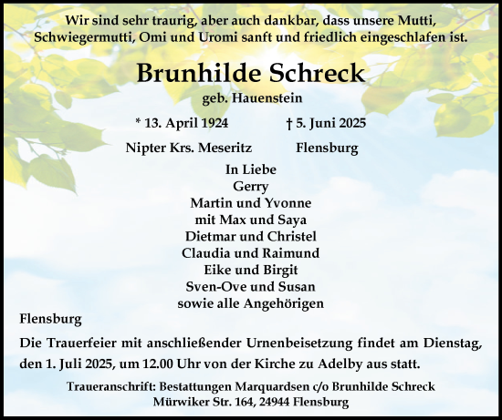 Traueranzeige von Brunhilde Schreck von Flensburger Tageblatt