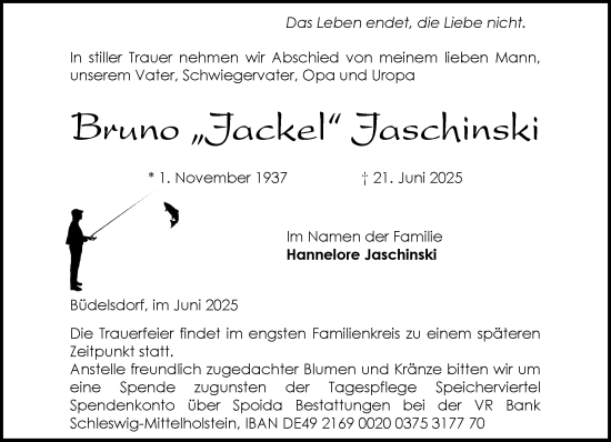 Traueranzeige von Bruno Jaschinski von Schleswig-Holsteinische Landeszeitung