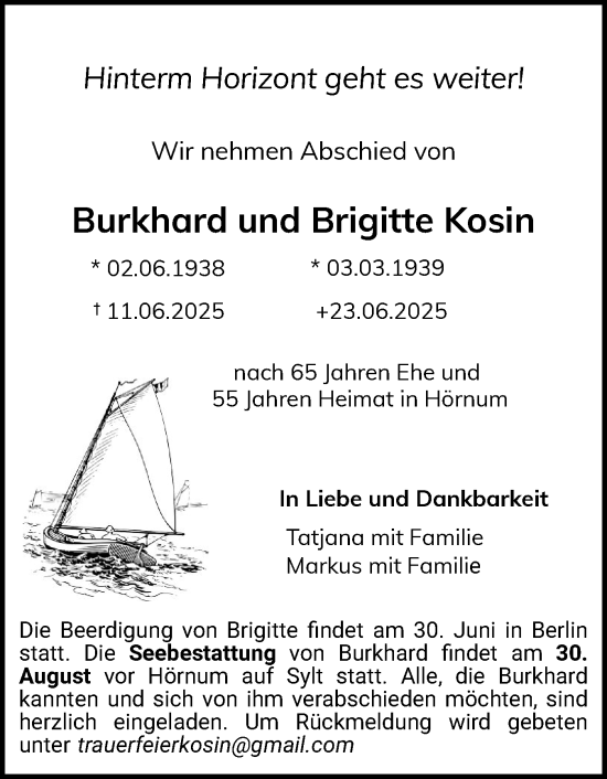 Traueranzeige von Burkhard Kosin von Sylter Rundschau