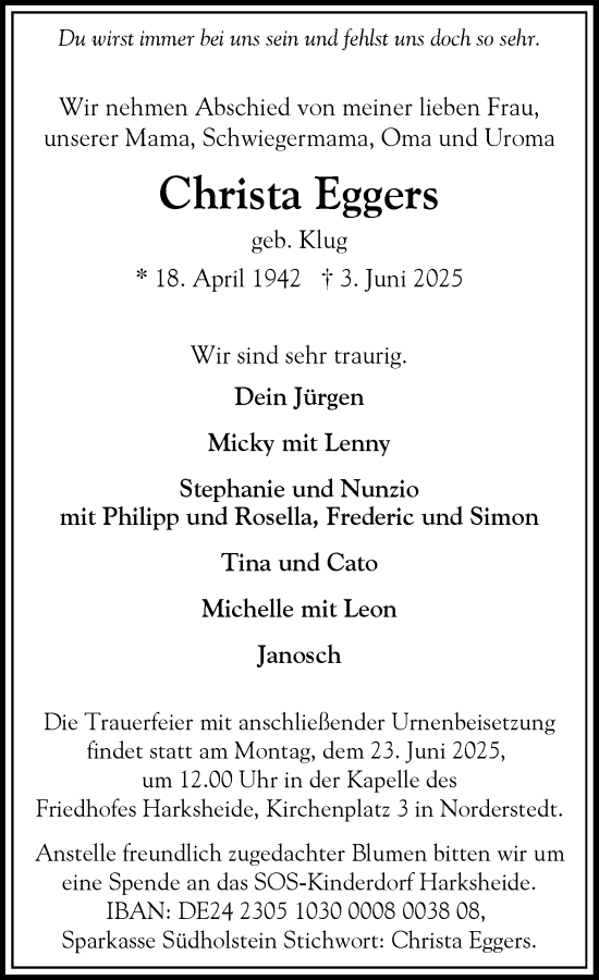 Traueranzeige von Christa Eggers von Heimatspiegel