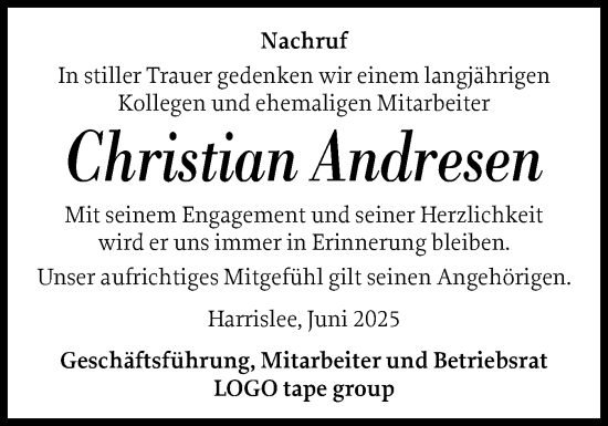 Traueranzeige von Christian Andresen von Flensburger Tageblatt