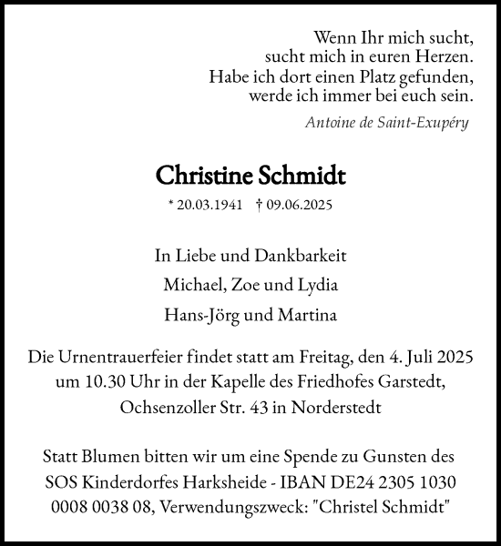 Traueranzeige von Christine Schmidt von Heimatspiegel