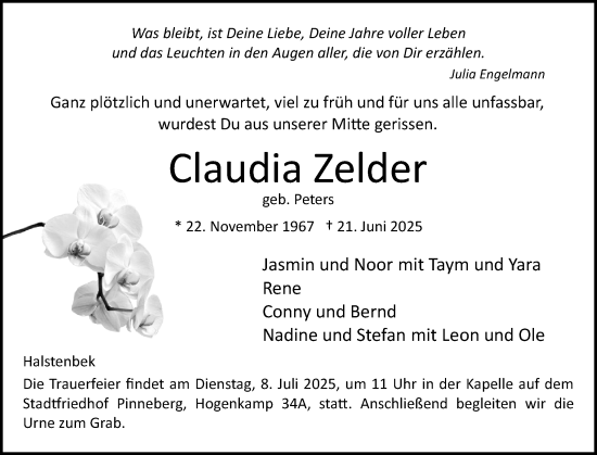 Traueranzeige von Claudia Zelder von Region Pinneberg und tip Pinneberg
