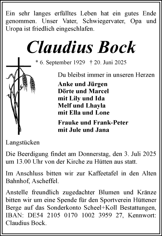Traueranzeige von Claudius Bock von Eckernförder Zeitung, Hallo Eckernförde