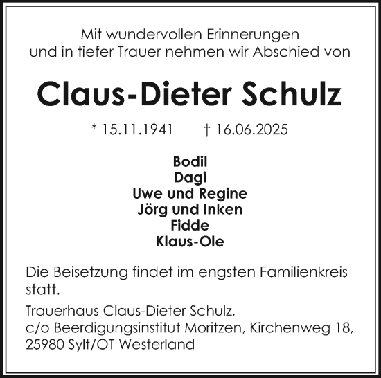 Traueranzeige von Claus-Dieter Schulz von Sylter Rundschau