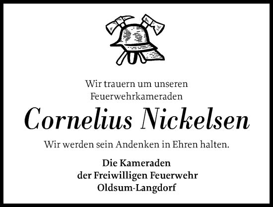 Traueranzeige von Cornelius Nickelsen von Der Insel-Bote