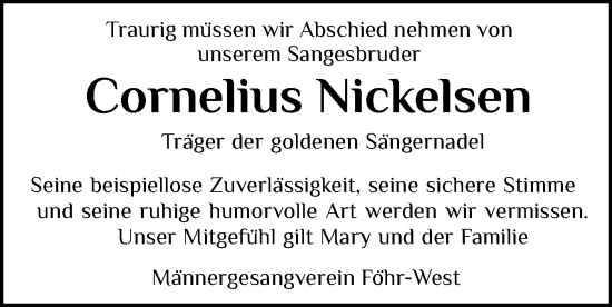 Traueranzeige von Cornelius Nickelsen von Der Insel-Bote