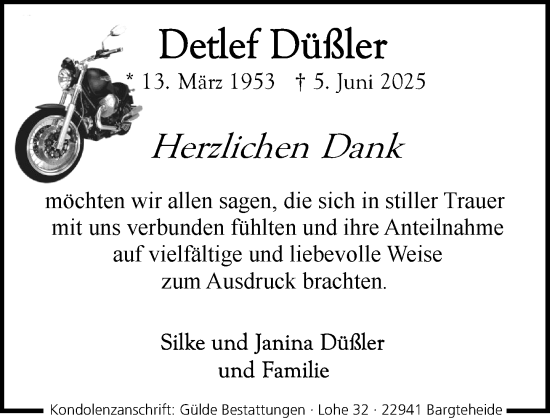 Traueranzeige von Detlef Düßler von MARKT Ahrensburg/Bargteheide/Trittau und Stormarner Tageblatt