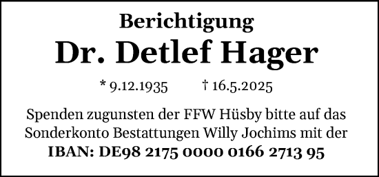 Traueranzeige von Detlef Hager von Schleswiger Nachrichten, Schlei-Bote