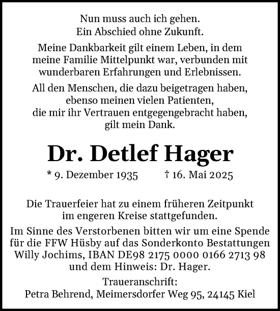 Traueranzeige von Detlef Hager von Schleswiger Nachrichten, Schlei-Bote