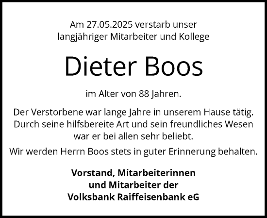 Traueranzeige von Dieter Boos von Norddeutsche Rundschau, Wilstersche Zeitung, Glückstädter Fortuna