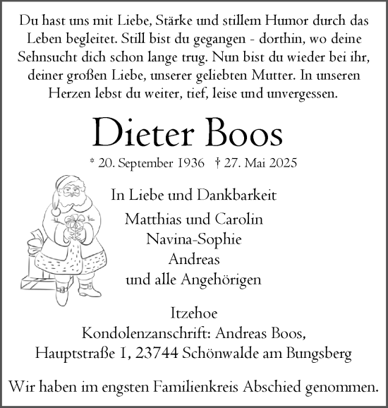 Traueranzeige von Dieter Boos von Norddeutsche Rundschau, Wilstersche Zeitung, Glückstädter Fortuna