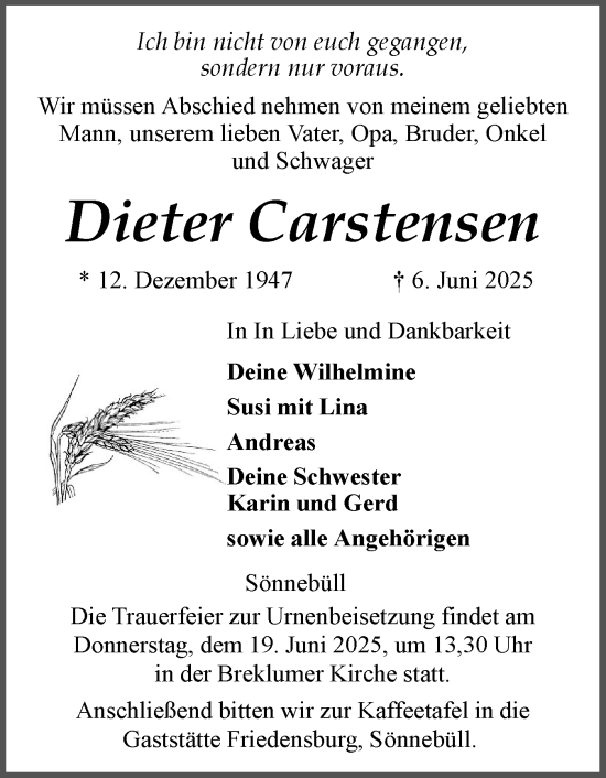 Traueranzeige von Dieter Carstensen von Husumer Nachrichten, Nordfriesland Tageblatt