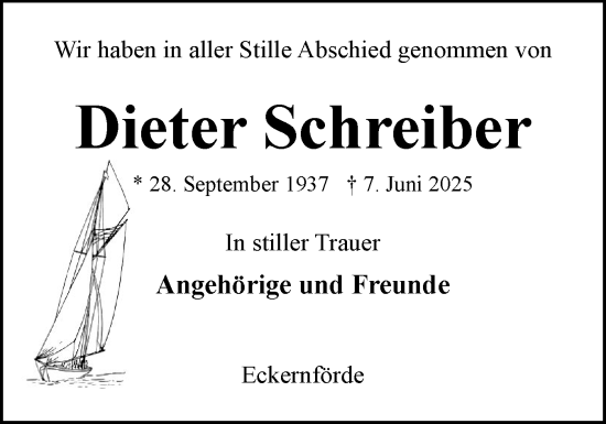 Traueranzeige von Dieter Schreiber von Eckernförder Zeitung, Hallo Eckernförde