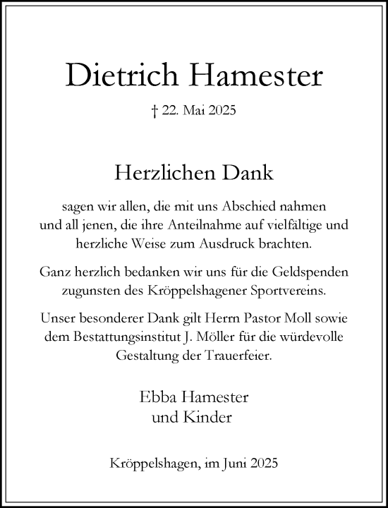 Traueranzeige von Dietrich Hamester von Wochenend Anzeiger