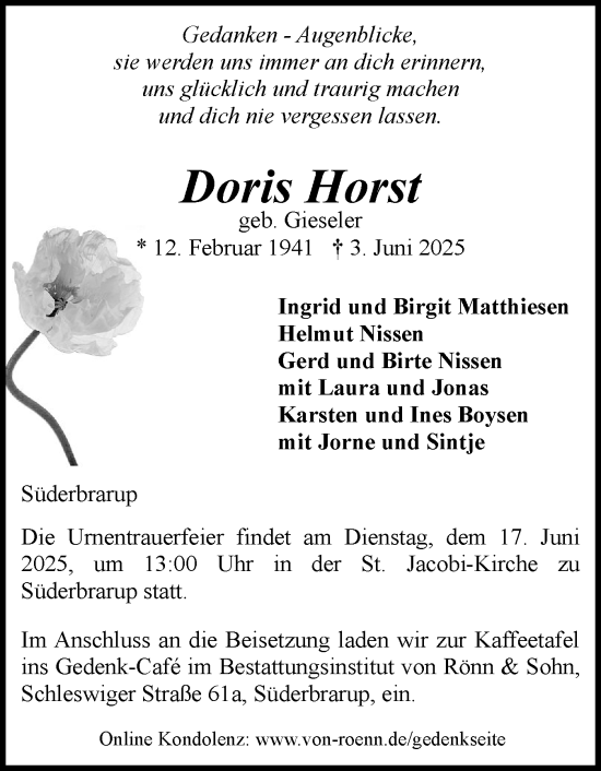 Traueranzeige von Doris Horst von Schleswiger Nachrichten, Schlei-Bote