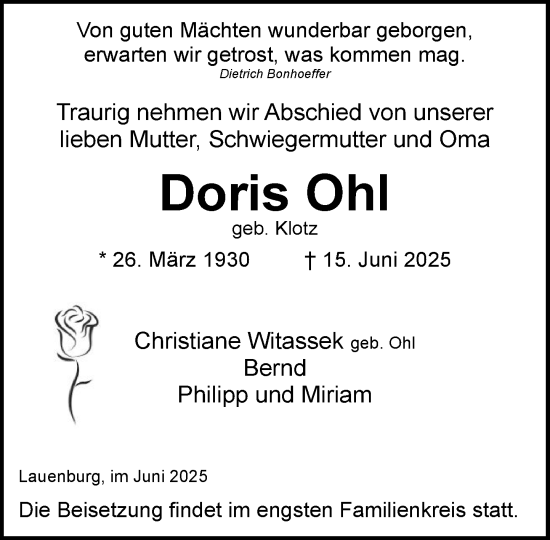 Traueranzeige von Doris Ohl von Wochenend Anzeiger