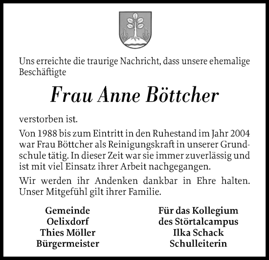 Traueranzeige von Anne Marie Böttcher von Norddeutsche Rundschau, Wilstersche Zeitung, Glückstädter Fortuna