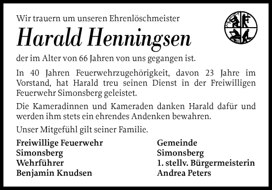 Traueranzeige von Harald Henningsen von Husumer Nachrichten, Nordfriesland Tageblatt
