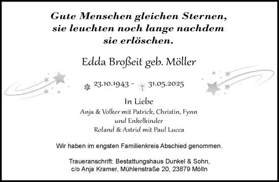 Traueranzeige von Edda Broßeit von MARKT Ratzeburg/Mölln