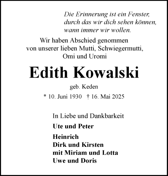 Traueranzeige von Edith Kowalski von Eckernförder Zeitung, Hallo Eckernförde