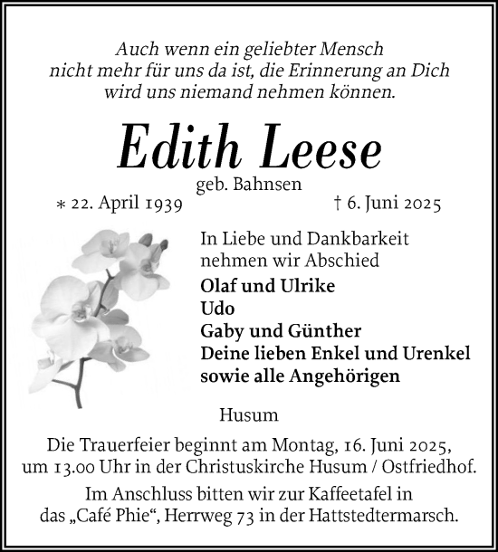 Traueranzeige von Edith Leese von Husumer Nachrichten, Nordfriesland Tageblatt