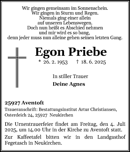 Traueranzeige von Egon Priebe von Region Flensburg
