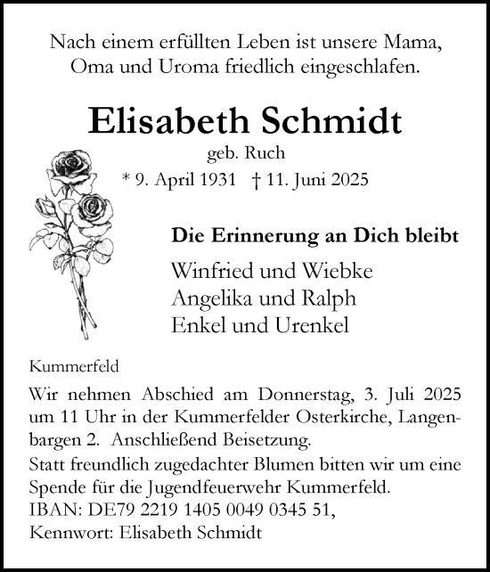 Traueranzeige von Elisabeth Schmidt von Region Pinneberg und tip Pinneberg