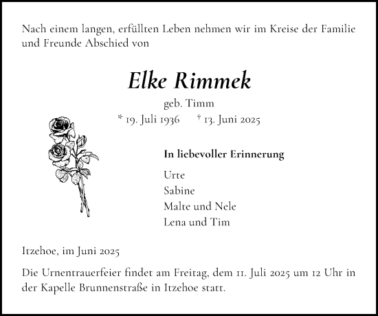 Traueranzeige von Elke Rimmek von Norddeutsche Rundschau, Wilstersche Zeitung, Glückstädter Fortuna