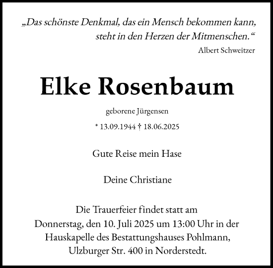 Traueranzeige von Elke Rosenbaum von Heimatspiegel