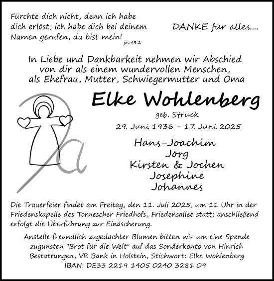 Traueranzeige von Elke Wohlenberg von Uetersener Nachrichten, Der tip am Wochenende