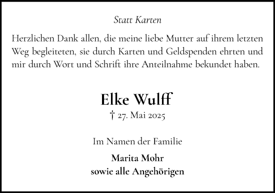Traueranzeige von Elke Wulff von Elmshorner Nachrichten, Barmstedter Zeitung