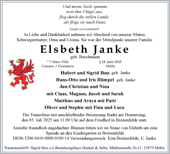 Traueranzeige von Elsbeth Janke von MARKT Ratzeburg/Mölln