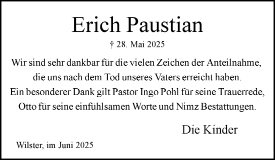 Traueranzeige von Erich Paustian von Norddeutsche Rundschau, Wilstersche Zeitung, Glückstädter Fortuna