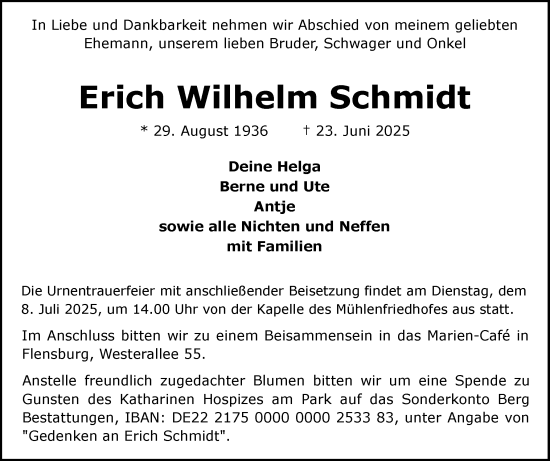 Traueranzeige von Erich Wilhelm Schmidt von Region Flensburg