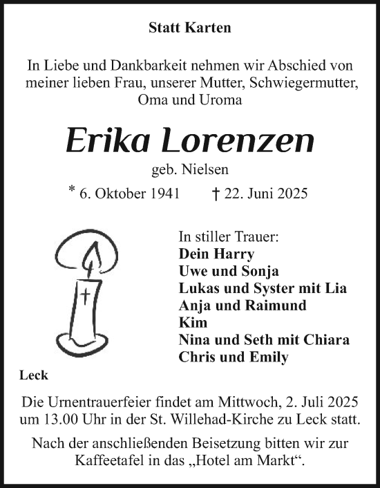 Traueranzeige von Erika Lorenzen von Husumer Nachrichten, Nordfriesland Tageblatt