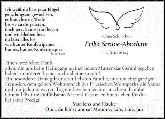Traueranzeige von Erika Struve-Abraham von Husumer Nachrichten, Nordfriesland Tageblatt