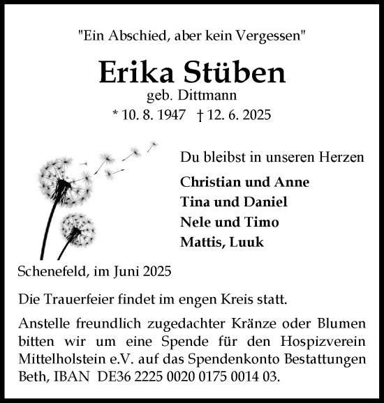 Traueranzeige von Erika Stüben von Norddeutsche Rundschau, Wilstersche Zeitung, Glückstädter Fortuna