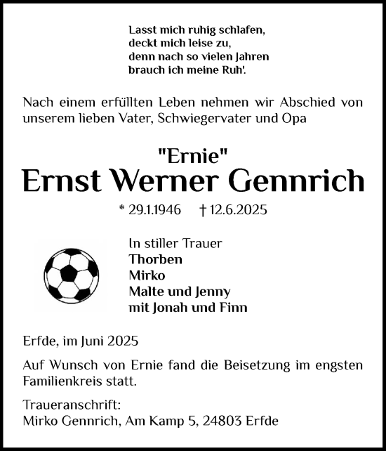 Traueranzeige von Ernst Werner Gennrich von Schleswig-Holsteinische Landeszeitung