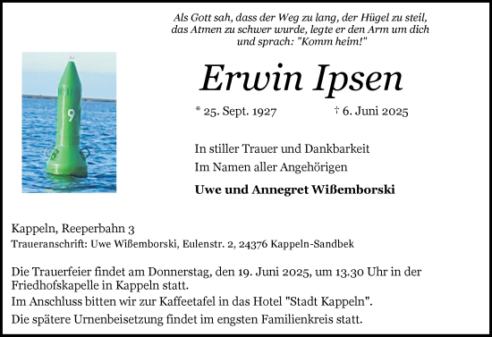 Traueranzeige von Erwin Ipsen von Schleswiger Nachrichten, Schlei-Bote