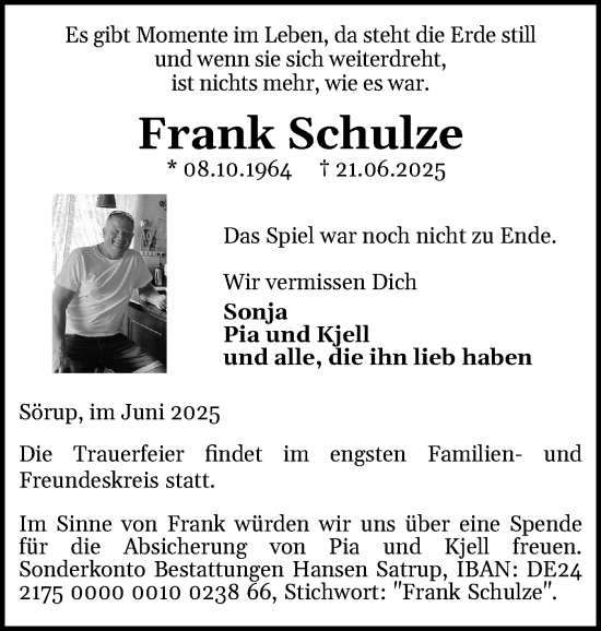 Traueranzeige von Frank Schulze von Flensburger Tageblatt