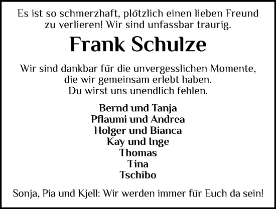 Traueranzeige von Frank Schulze von Flensburger Tageblatt